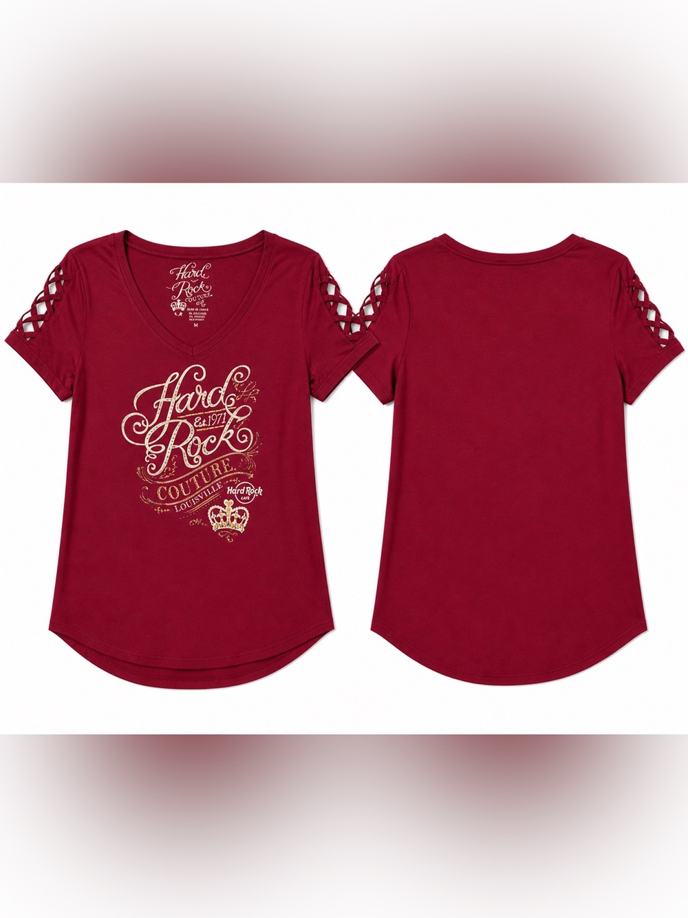 HARD ROCK CAFE Louisville Burgandy Red Graphic Tee Sz M Lattice Sleeve Y2K Rock - Picture 3 of 16